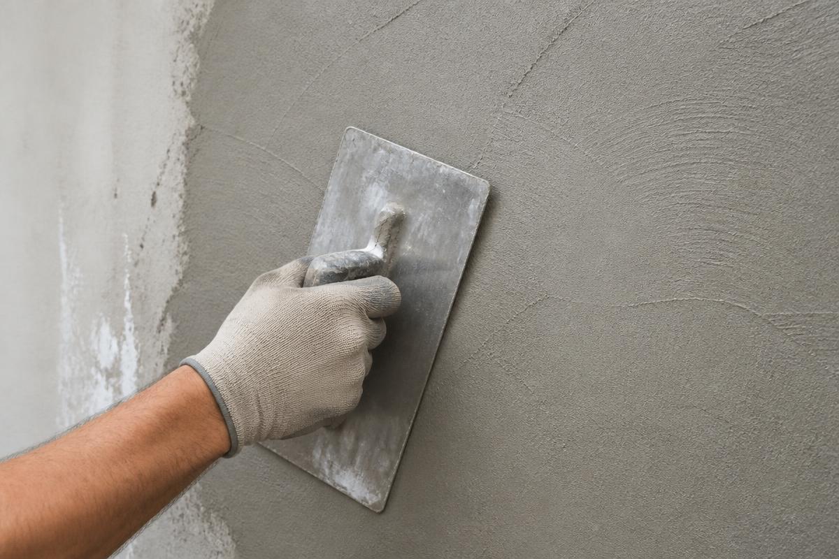 Stukadoorswerk: pleisterlaag wordt met een spaan glad afgewerkt op een binnenmuur